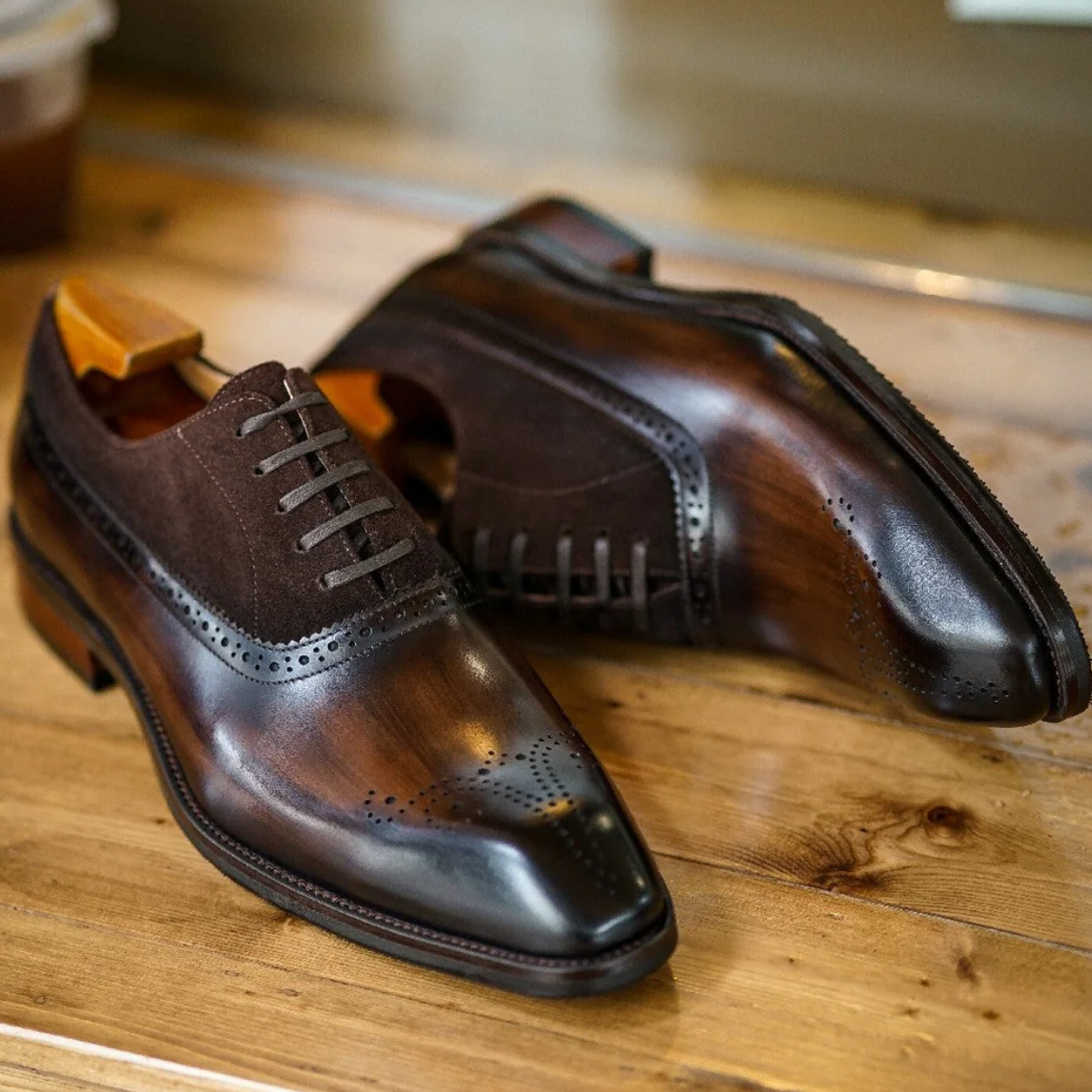 BROWN SQUARE TOE LACE UPS WITH SUEDE