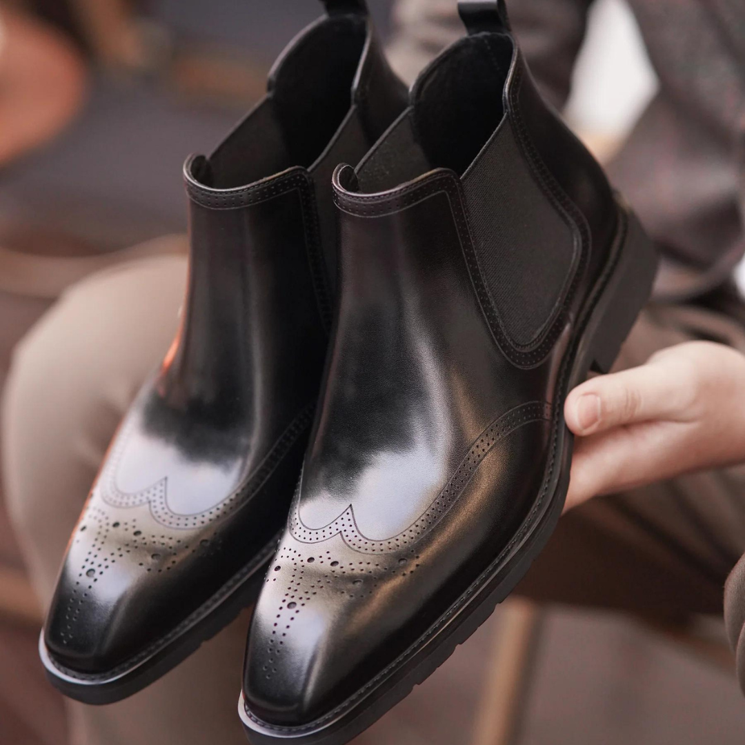 BLACK SNIP TOE BROGUE CHELSEA BOOTS