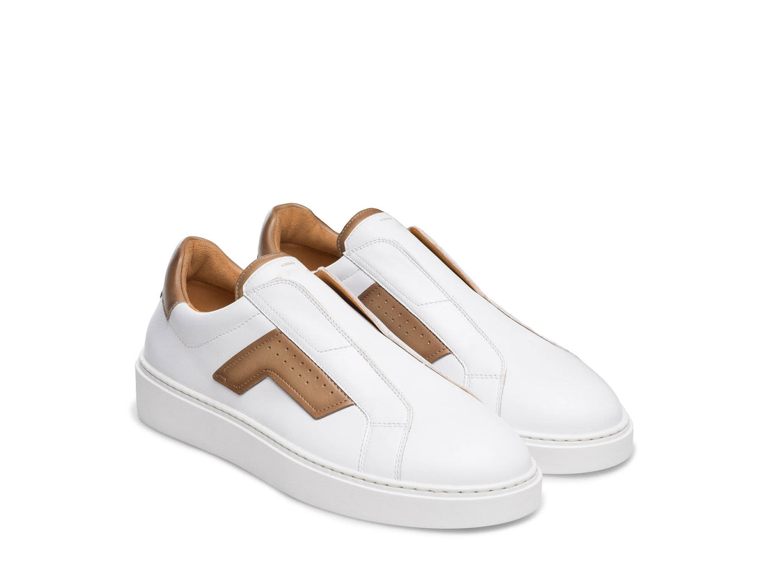 FERRARA-22 - WHITE WITH TAN LEATHER SNEAKERS