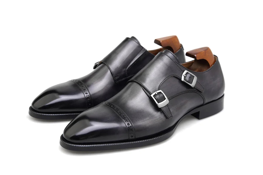 GREY DOUBLE MONKSTRAP LEATHER SHOES