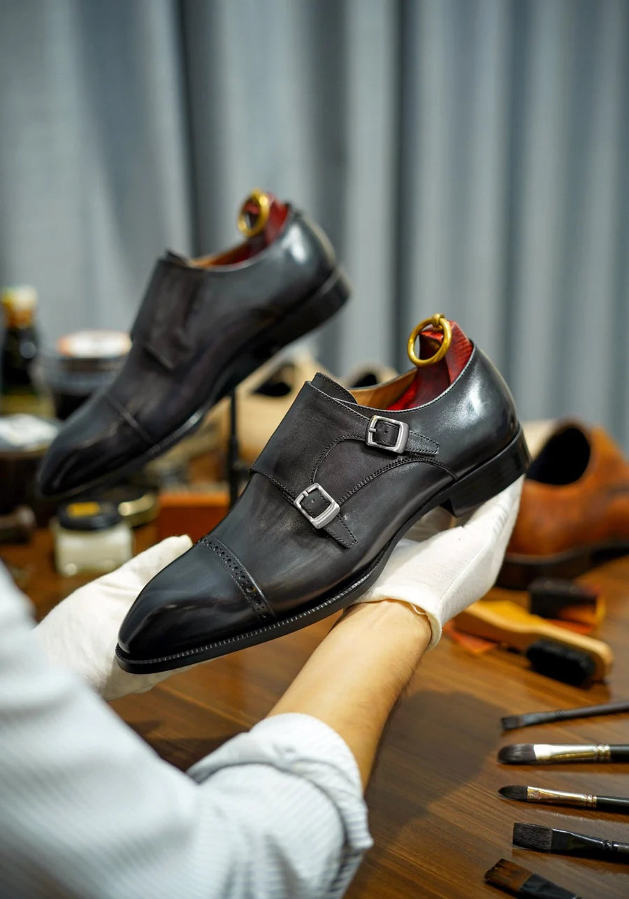 GREY DOUBLE MONKSTRAP LEATHER SHOES