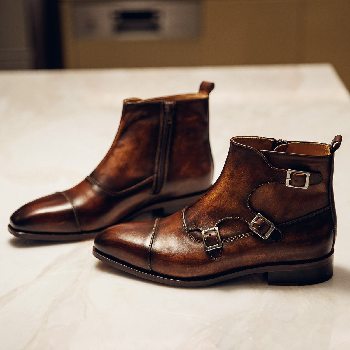 ED212 | BROWN CAP TOE MONK BOOTS