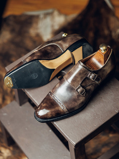 BROWN METAL TOE DOUBLE MONK | PATINA FINISH