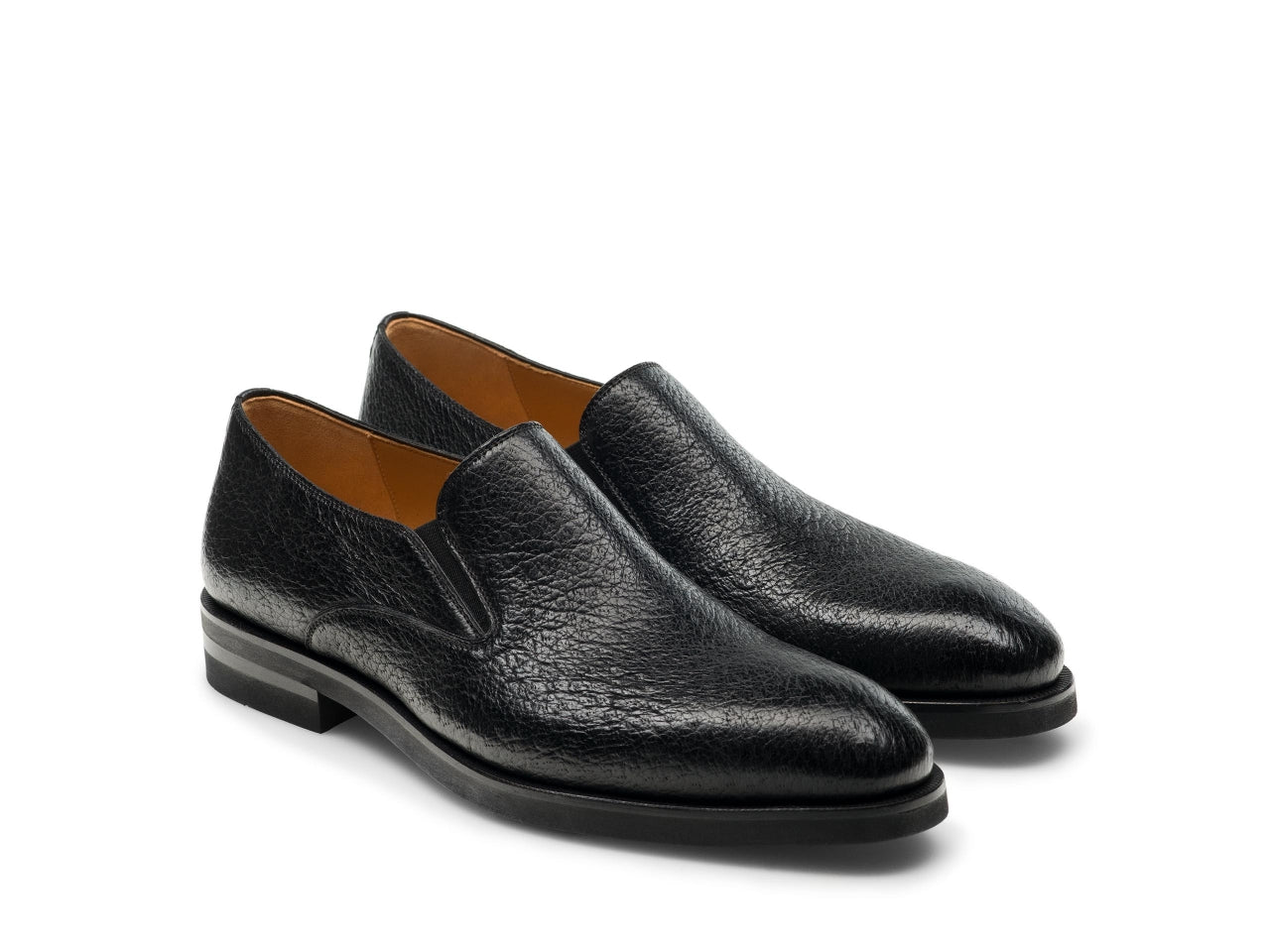 BLACK CRUMBLED LEATHER SLIP ONS