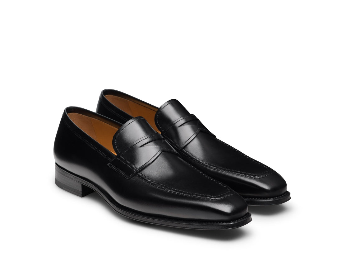 BLACK SLICE TOE PENNY LOAFERS