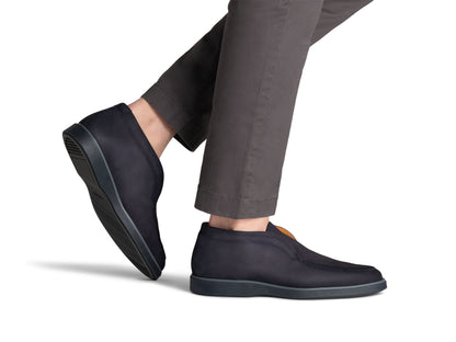 NAVY LEATHER HYBRID SLIP-ON ANKLE BOOTS