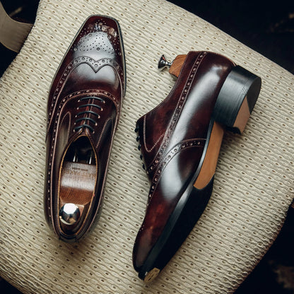 BURGUNDY METAL TOE BALMORAL OXFORDS | PATINA FINISH