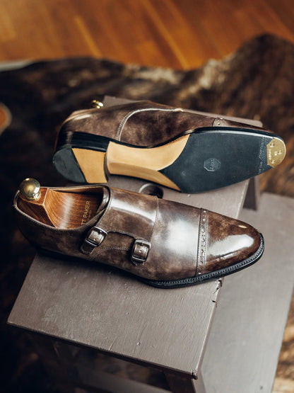 BROWN METAL TOE DOUBLE MONK | PATINA FINISH