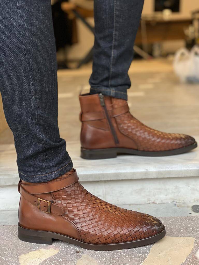 TAN WOVEN LEATHER BOOTS