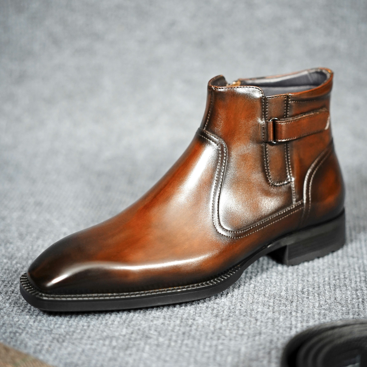 BROWN SLICE TOE ZIP BOOT