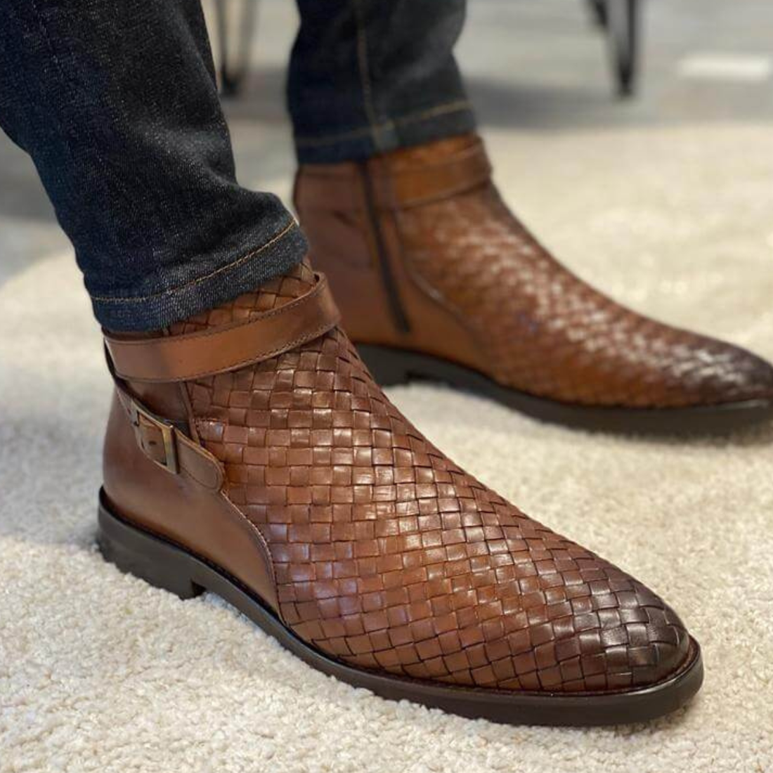 TAN WOVEN LEATHER BOOTS