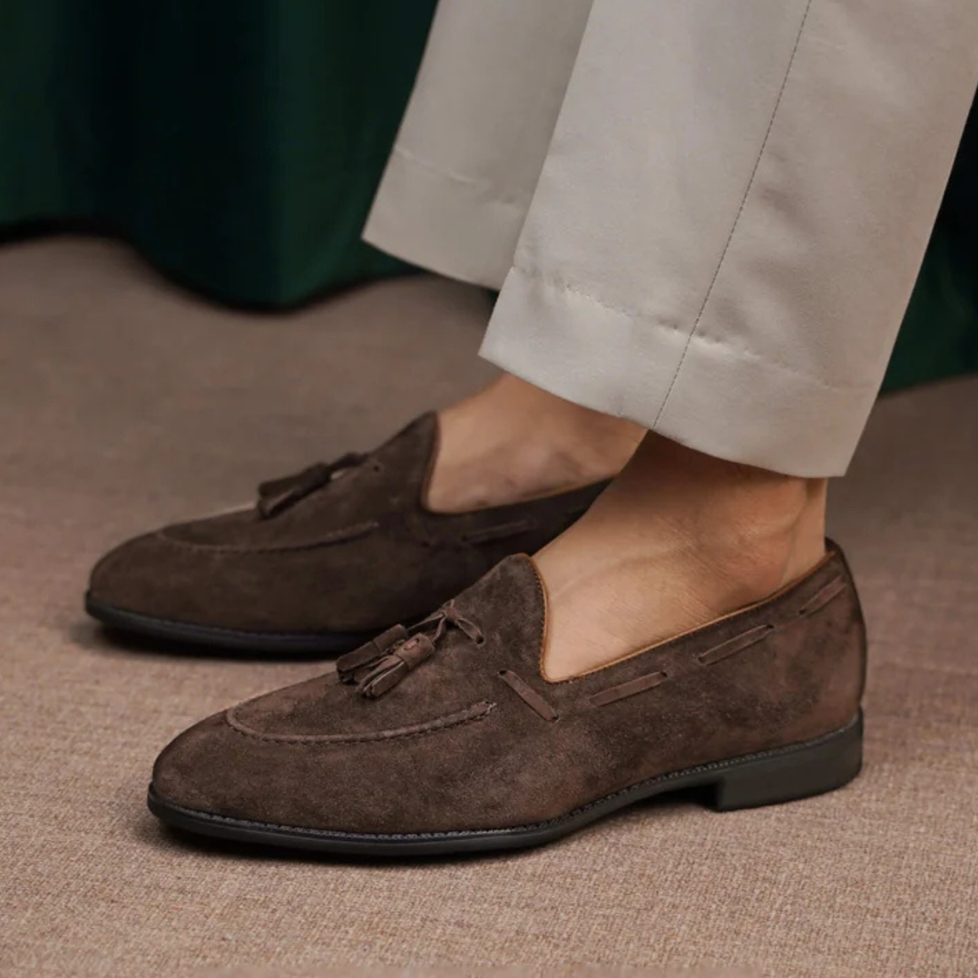 BROWN SUEDE LOAFER WITH TASSEL