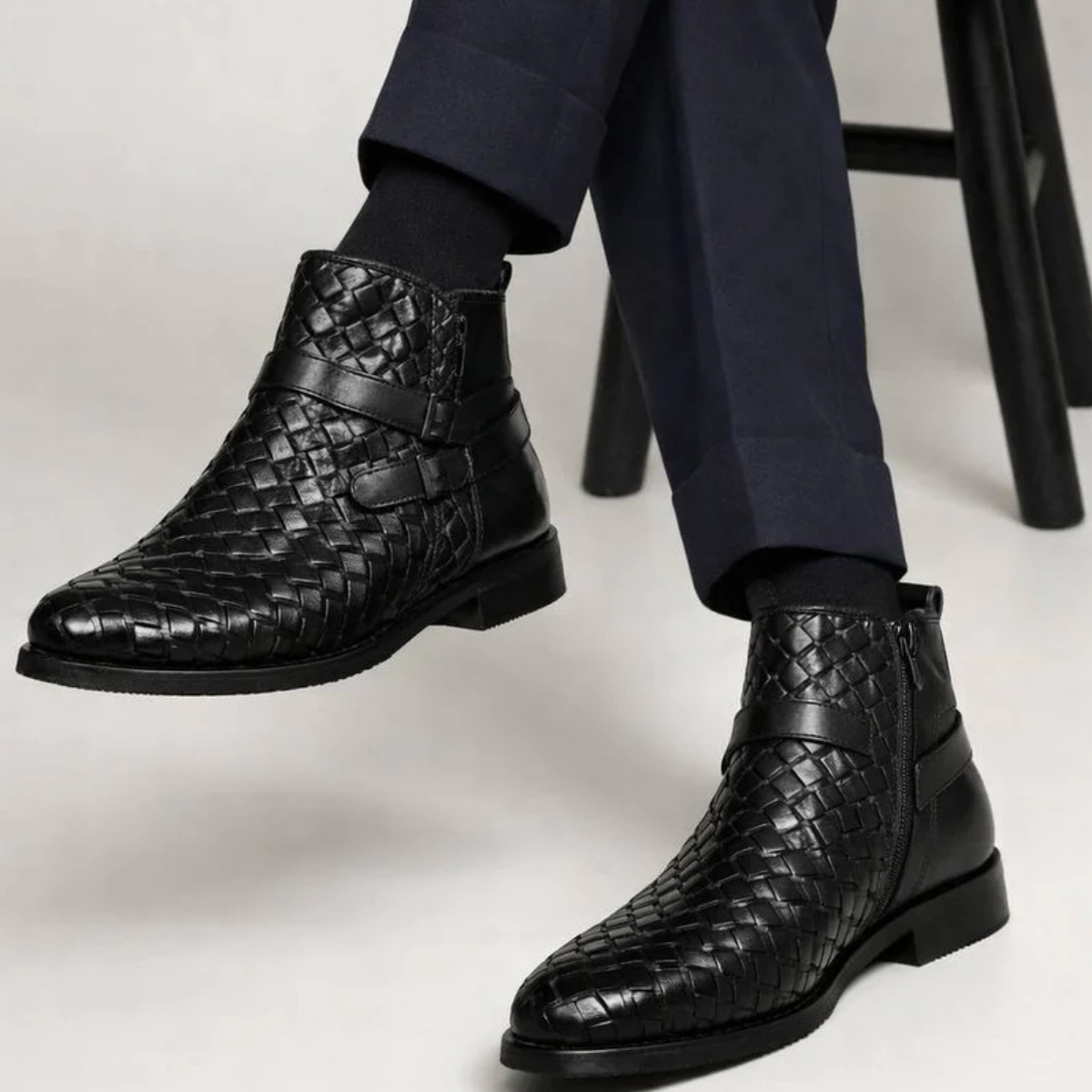 BLACK WOVEN LEATHER BOOTS