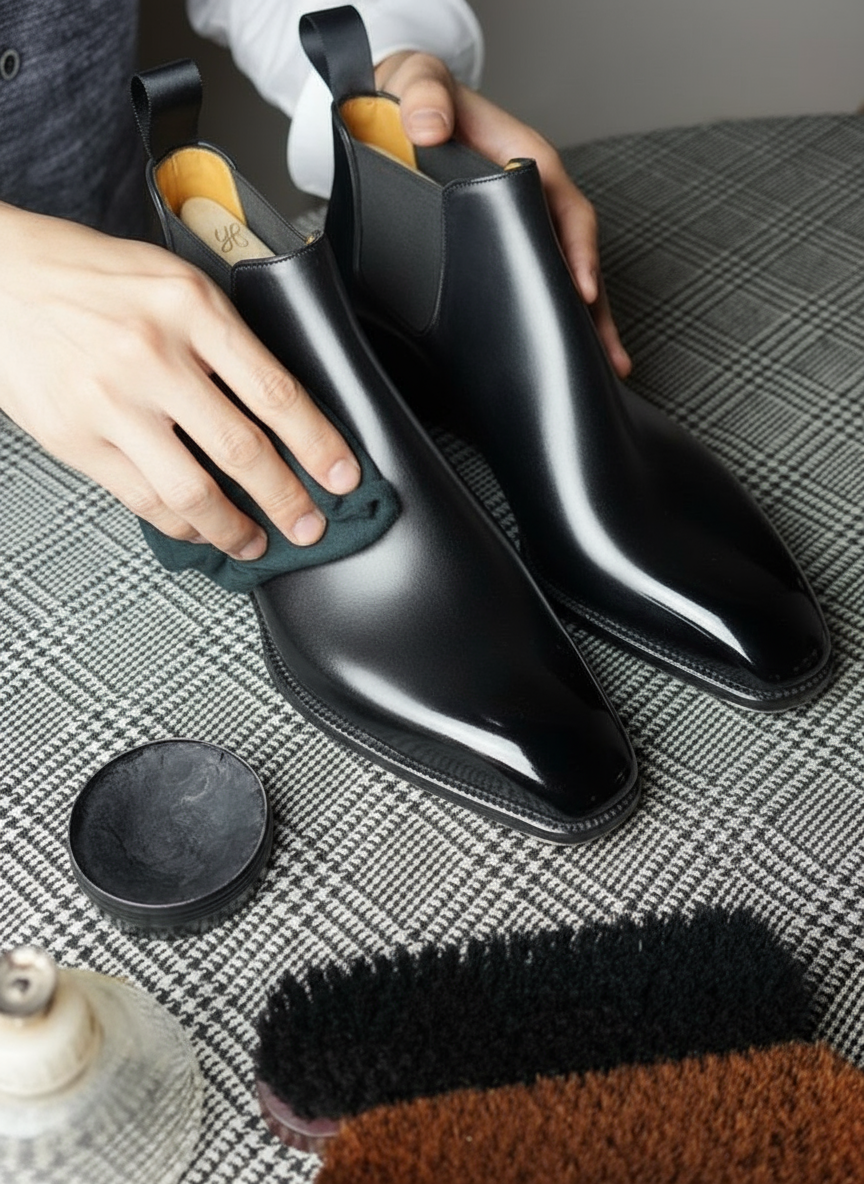 BLACK PATINA LEATHER CHELSEA BOOTS