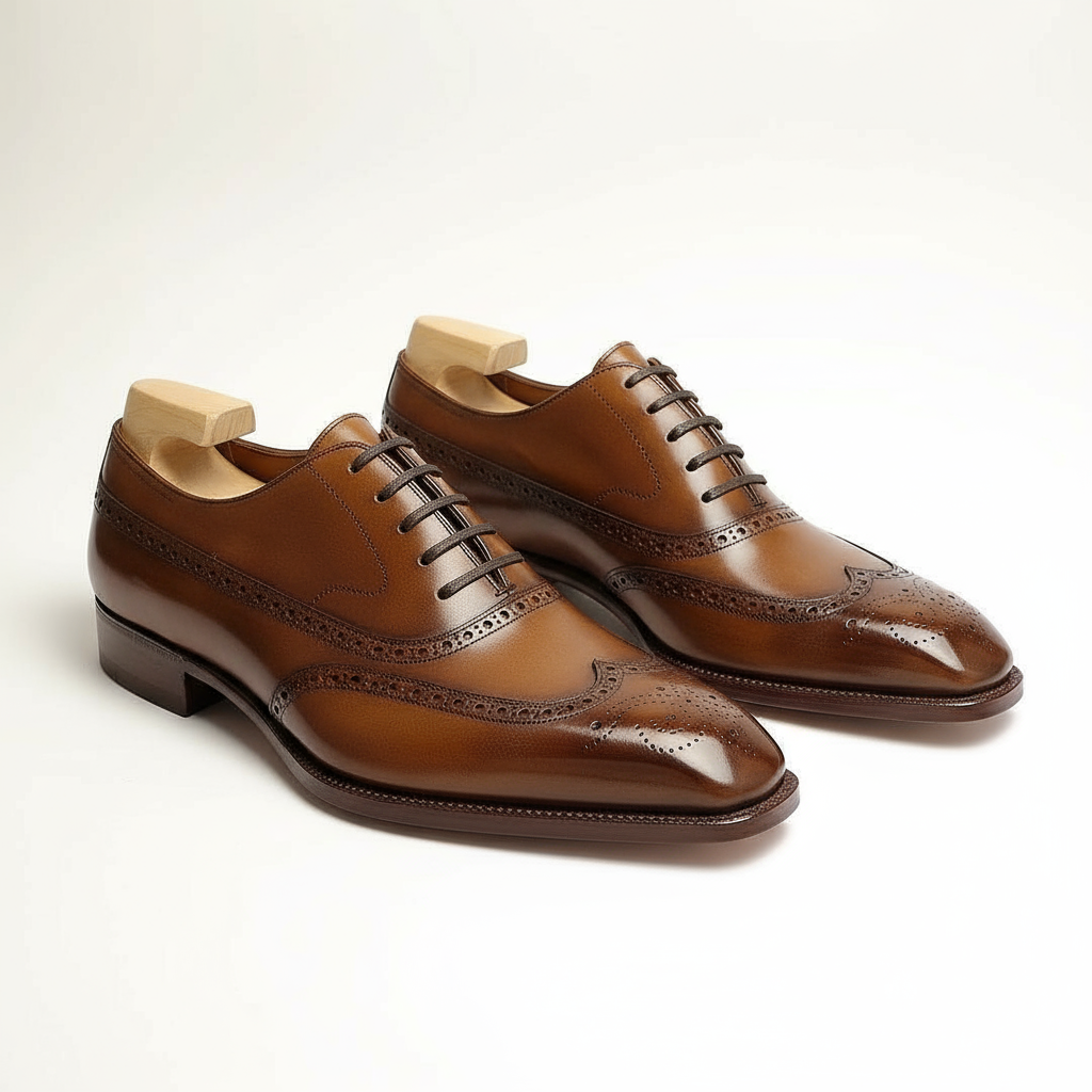 TAN LEATHER BRUGUE OXFORDS WITH FLAT LACES