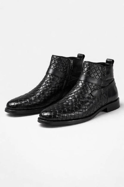 BLACK WOVEN LEATHER BOOTS