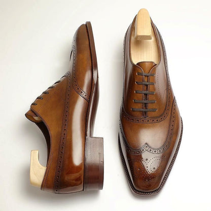 TAN LEATHER BRUGUE OXFORDS WITH FLAT LACES